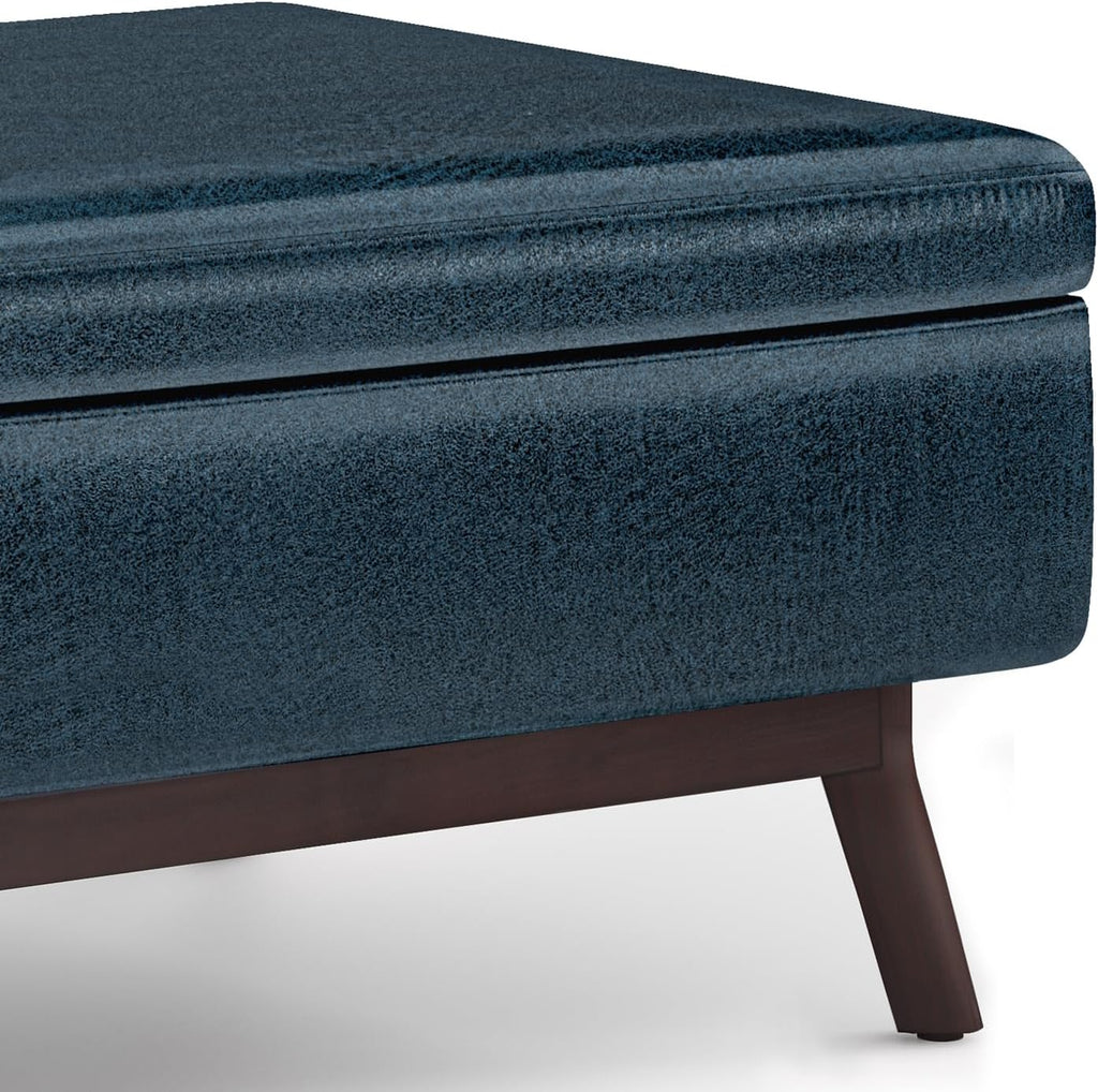 SIMPLIHOME Owen Coffee Table Storage Ottoman - 34' Wide x 19' High Upholstered Vegan Leather Rectangular Lift-Top Ottoman in Distressed Dark Blue, Mid-Century Modern Bench with Tapered Legs