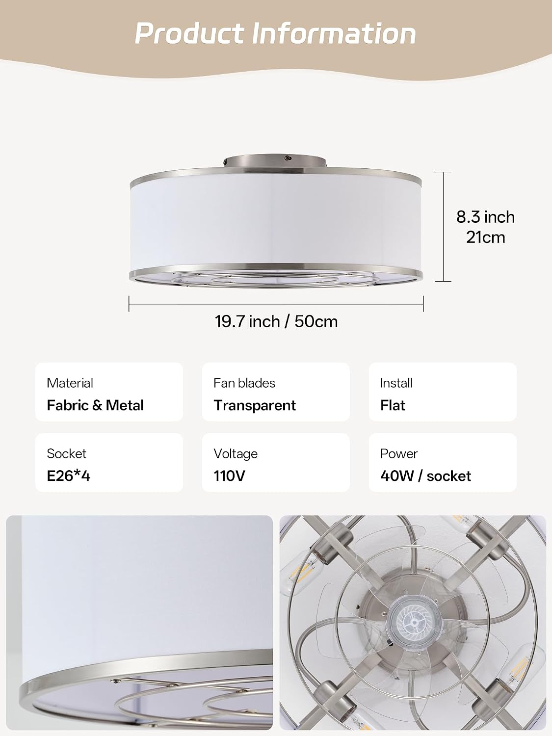 Caged Low Profile Ceiling Fans with Lights, Bladeless Ceiling Fan with lights Remote, Flush Mount Modern Enclosed with 6 Speeds for Bedroom, Kitchen (Nickel)