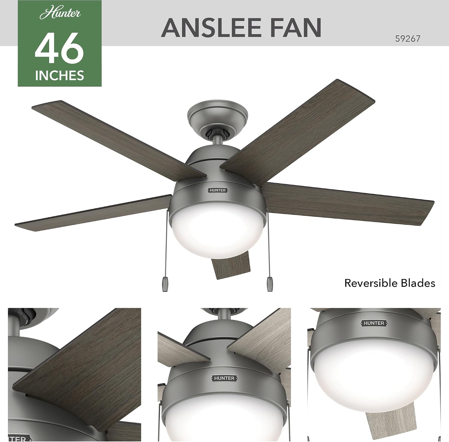 Hunter 46 inch Indoor Ceiling Fan with LED Light - Ceiling Fan with Pull Chain, For Bedroom, Living Room, or Kitchen, Standard Mount, No Remote, 5 Blades - Anslee 59267, Matte Silver