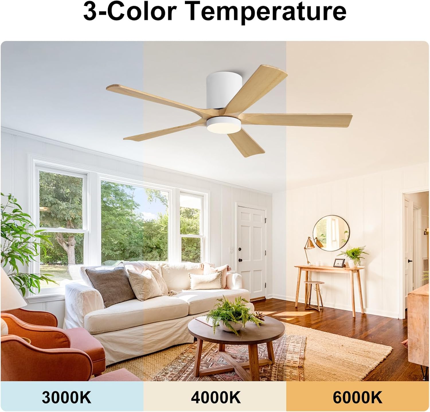 ELEHINSER 52 Inch Flush Mount Ceiling Fan with Lights, Low Profile Modern Ceiling Fan with Remote, Quiet DC Motor, 6-Speed, 3CCT,Timer, 5 Solid Wood Blades, White+Light Wood
