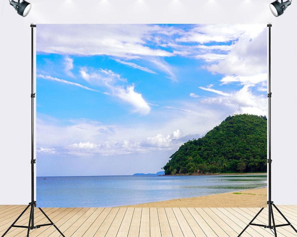 Trykid 20x10ft Tropical Beach Backdrop Lush Green Hill Clear Blue Sky White Clouds Photography Background Paradise Vacation Relaxation Party Decoration Tapestry Photo Booth Studio Prop Fabric