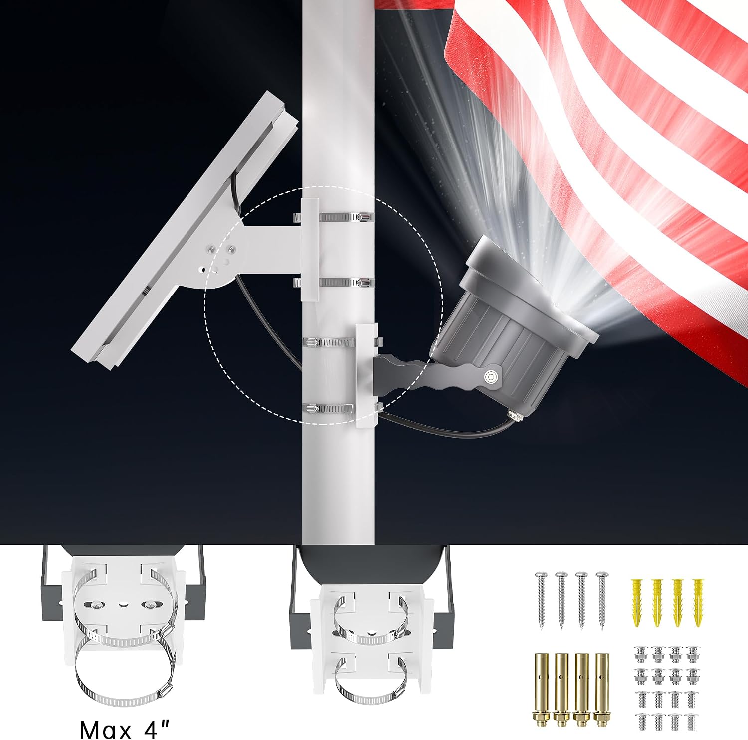 Ofuray Solar Flag Pole Light 3In1 Design, Brightest Solar Powered Flagpole Light, Dusk to Dawn with Remote Control, Fits 0.5'-4' Flagpole for House Inground