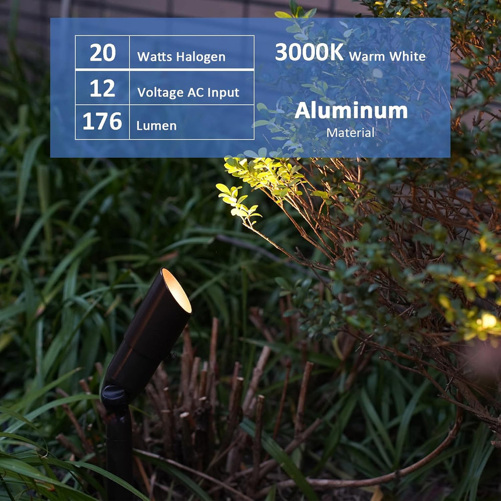 Malibu Landscape Spotlights 8PK Kit 20W Flood Lights 12V Low Voltage Outdoor Yard Lights 176 Lumen 3000K Warm White Metal Landscape Lighting with Halogen Replacement Bulb Connectors and Stakes