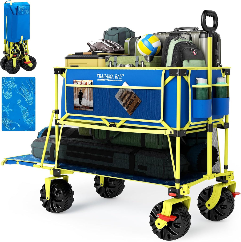Old Bahama Bay 400L Collapsible Double Decker Beach Wagon with Brakes, Folding Beach Cart with 54' Extra Long Decker, 450LBS Heavy Duty Wagon Chart with All-Terrain Big Wheels for Sand Camping Garden