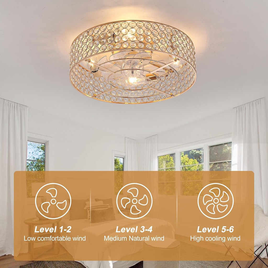 20 Inch Gold Crystal Fandelier Ceiling Fans with Lights, Ceiling Fans with Lights Remote Control, Mid Century French Caged Fandelier with 6 Speeds for Bedroom, Living Room