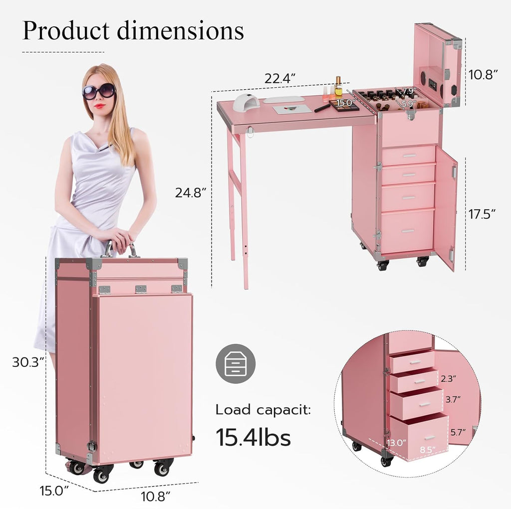 Icoget Portable Rolling Manicure Table for Nail Teach, Foldable Traveling Nail Desk w/Storage, Mobile Manicure Table w/Audio and Mirror, Makeup Train Case Cosmetic Trolley, Pink