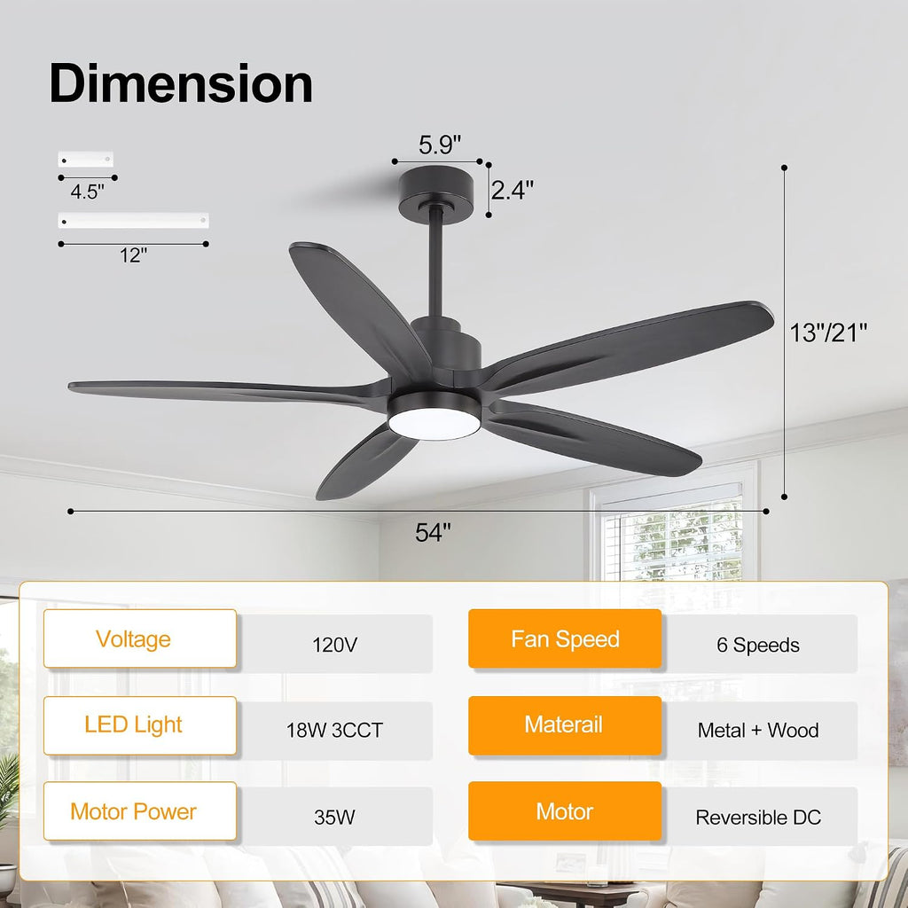WINGBO 54' Ceiling Fan with Light - 5 Carved Solid Wood Blades, 6-Speed Reversible DC Motor, Dimmable, 3CCT, Noiseless Remote Control Ceiling Fans with Lights for Bedroom Living Room, Matte Black