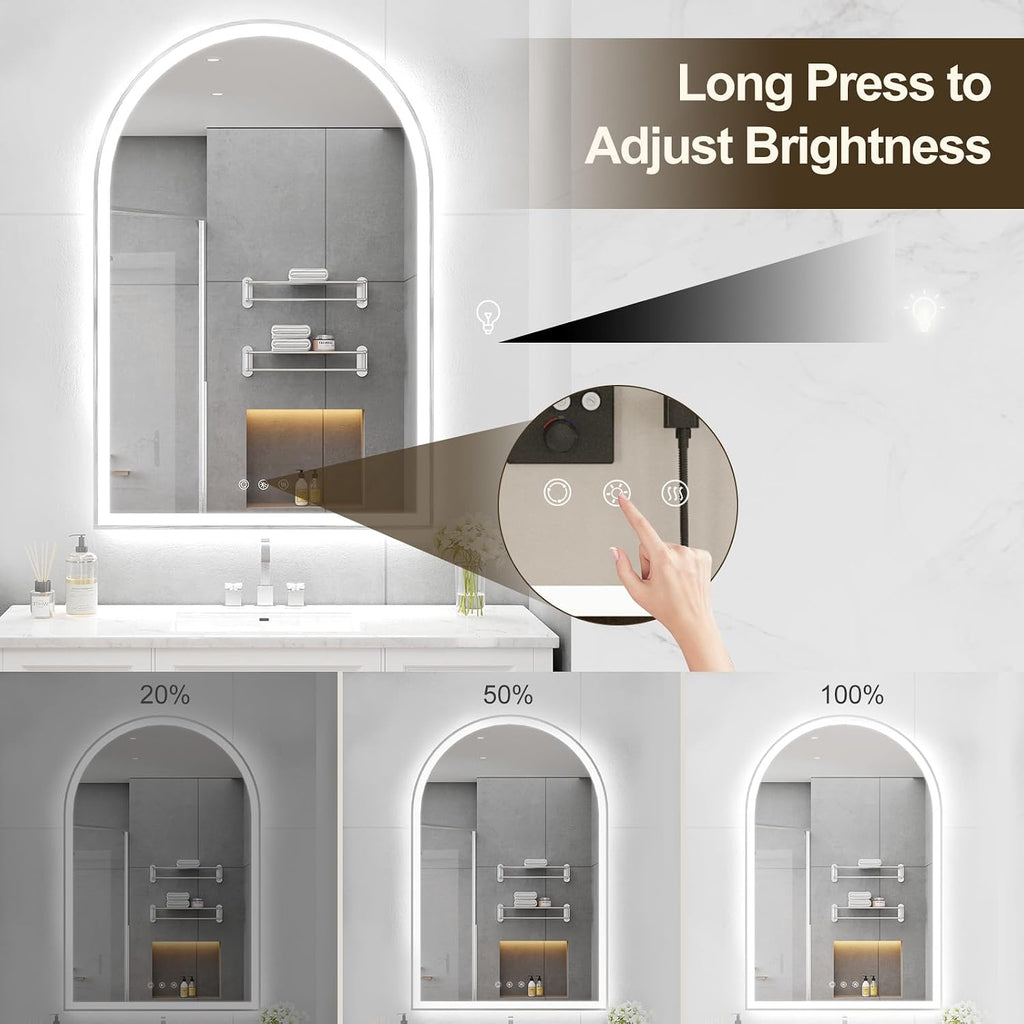 Arched LED Mirror for Bathtoom 24'x36', Silver LED Bathroom Mirror with Lights-Fogless, Dimmable, Shatterproof, Touch Sensor, 3 Color Changing