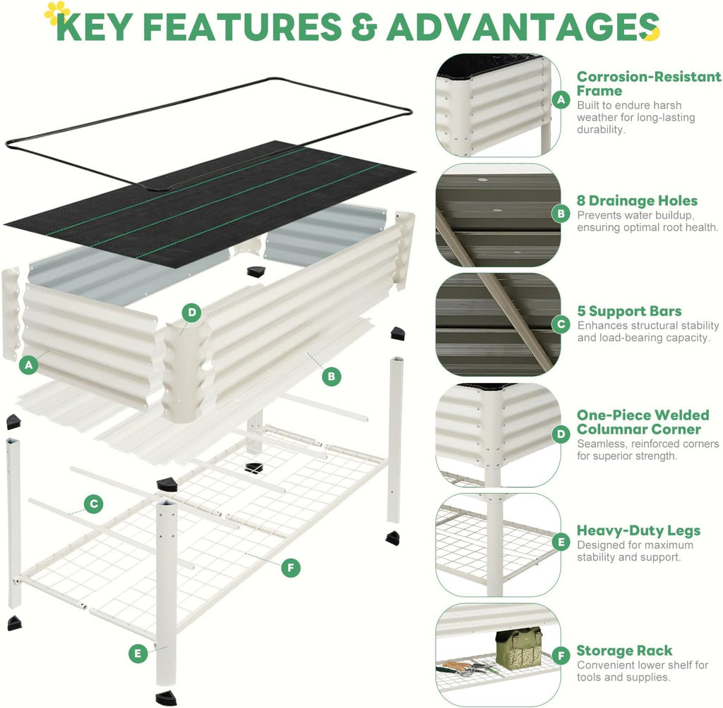 Elevated Raised Garden Bed with Legs - 48''x24''x32'' Galvanized Metal Standing Planter Boxes Outdoor with Bottom Storage Shelf for Backyard, Patio, Balcony, Vegetables, Flowers, White
