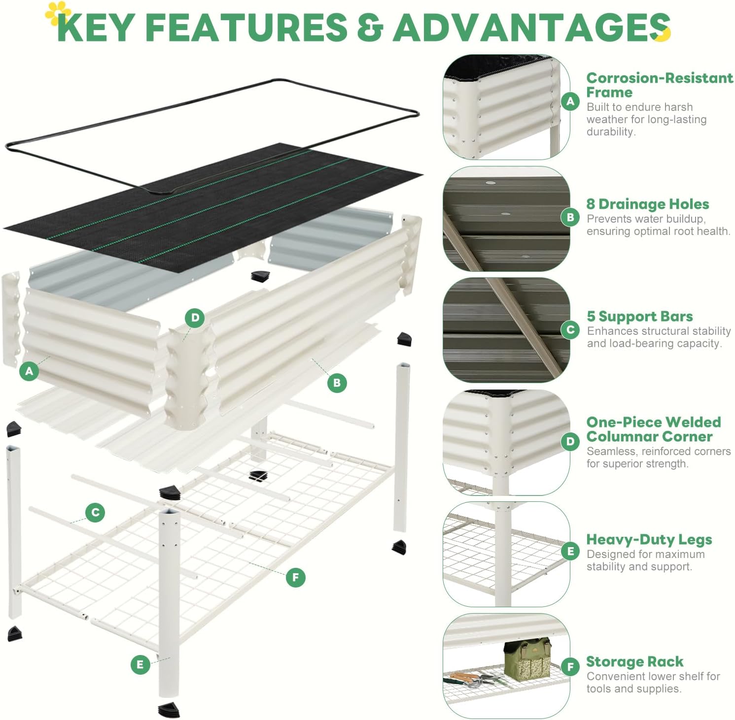 Elevated Raised Garden Bed with Legs - 48''x24''x32'' Galvanized Metal Standing Planter Boxes Outdoor with Bottom Storage Shelf for Backyard, Patio, Balcony, Vegetables, Flowers, White