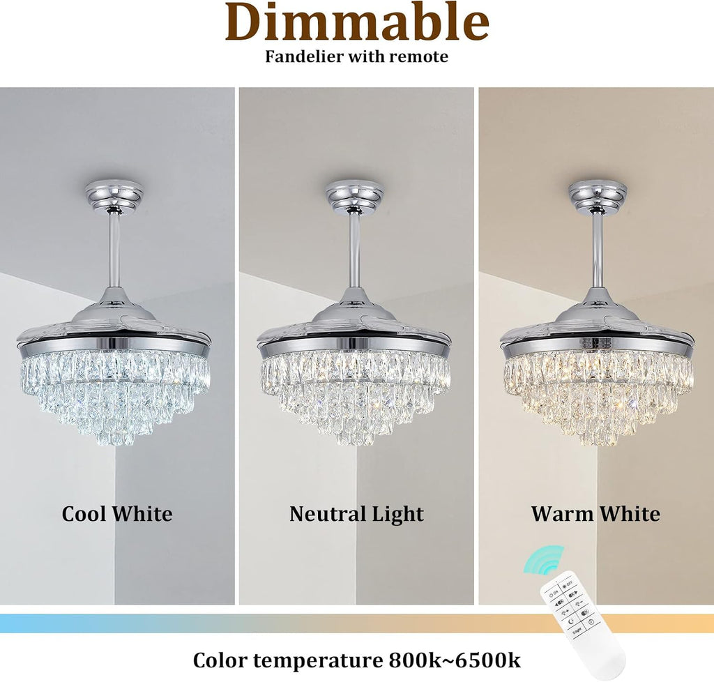 CLAIRDAI 42'' Modern Crystal Fandelier Ceiling Fan with Lights, Dimmable LED Chandelier Fan, Retractable Blades, Remote Control, 6-Speed Quiet Motor with Timer for Bedroom Living Room Dining Room