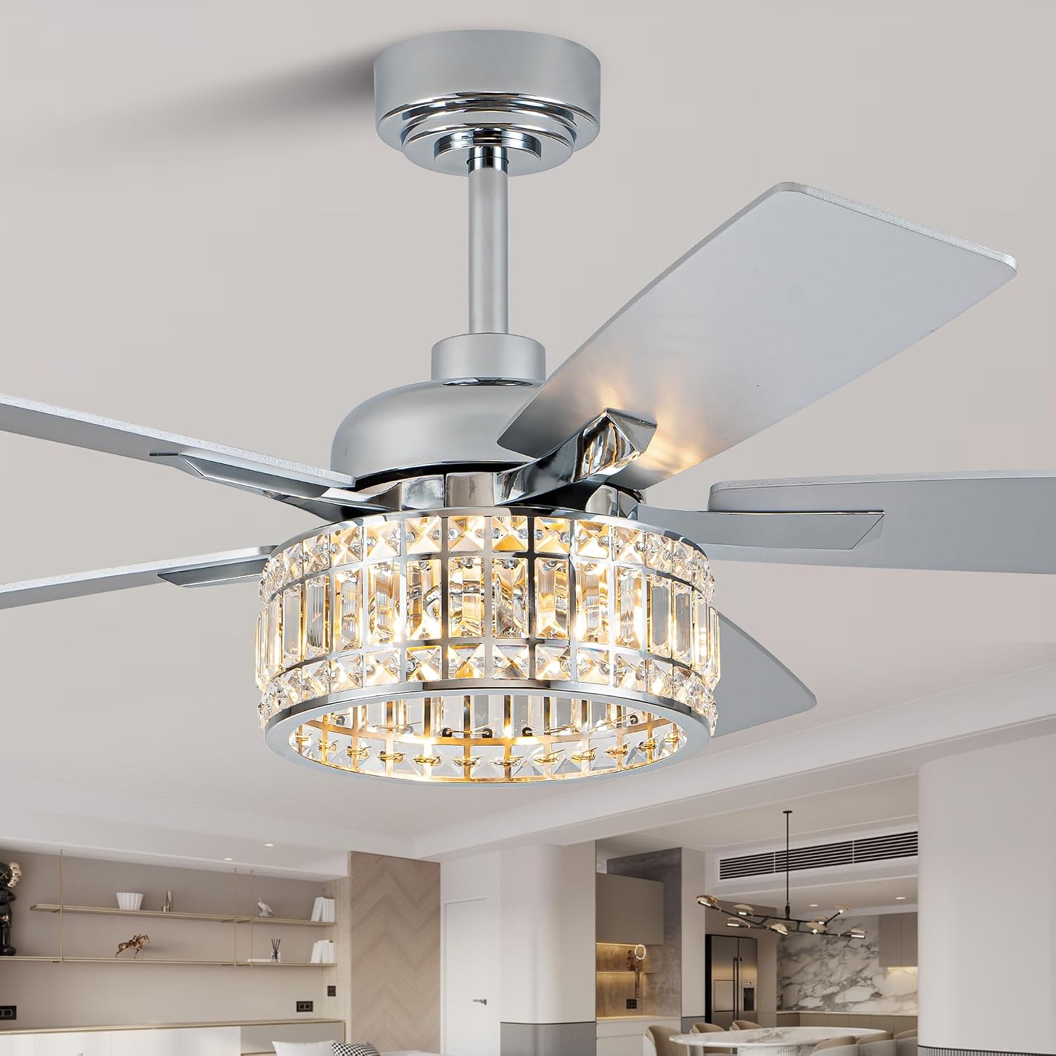Dawn Whisper 52 Inch Modern Ceiling Fans with Lights Low Profile Silver Crystal Fandelier Ceiling Fans with Remote for Living Room Bedroom Kitchen Quiet Reversible DC Motor 6 Speeds Dual Finish