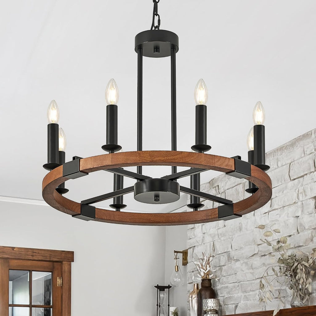 Farmhouse Wooden Wagon Wheel Chandelier 8 Light Round Chandelier Light Fixtures 24in Rustic Wood Wheel Chandelier for Kitchen Island Dining Room Entryway Living Room