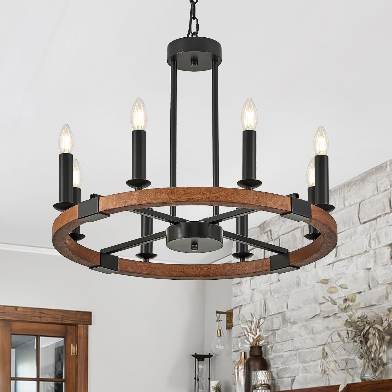 Farmhouse Wooden Wagon Wheel Chandelier 8 Light Round Chandelier Light Fixtures 24in Rustic Wood Wheel Chandelier for Kitchen Island Dining Room Entryway Living Room