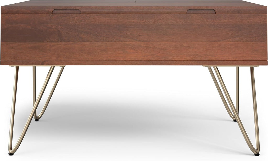 SIMPLIHOME Hunter Lift Top Coffee Table - 32 inch Wide Solid Mango Wood Industrial Square Cocktail Table in Umber Brown, Living Room Table with Dual Lift Tops, Hidden Storage and Gold Hairpin Legs