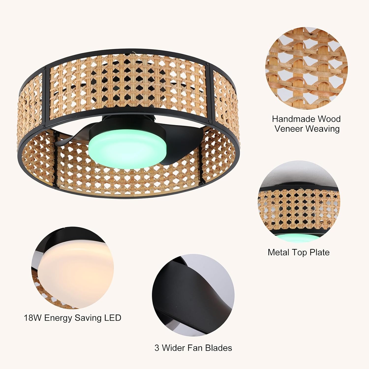 Ganeed 20' Handwoven Rattan Boho Ceiling Fans with Lights, Dimmable RGB LED Wicker Caged Ceiling Fan with Light and Remote, 6 Speed/Reversible Motor Rattan Fandelier for Bedroom Dining Room Nursery