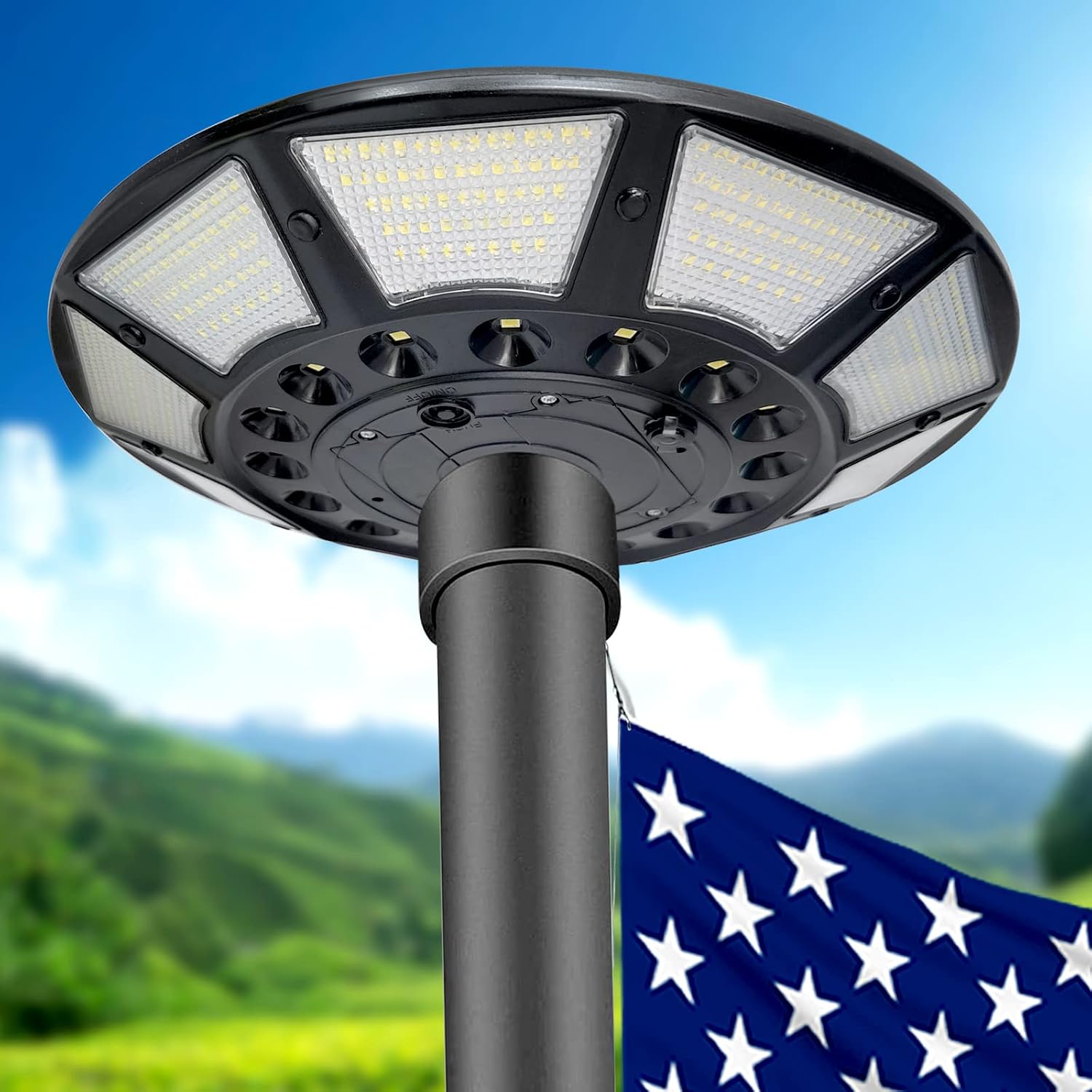 Flagpole Solar Light 6000 Lumens Brightest 566 LED Flag Pole Light Solar Powered with DC Charge Port Last Up to 20 Hrs Outdoor Dusk to Dawn IP67 Waterproof for Most 15 to 40ft Flag Poles