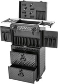 Rolling Makeup Train Case, Aluminum Cosmetic Organizer Box Rolling Lockable Makeup Case with 4 Universal Wheels Large Professional Cosmetology Case Multi-Functional Cosmetic Train Case Black