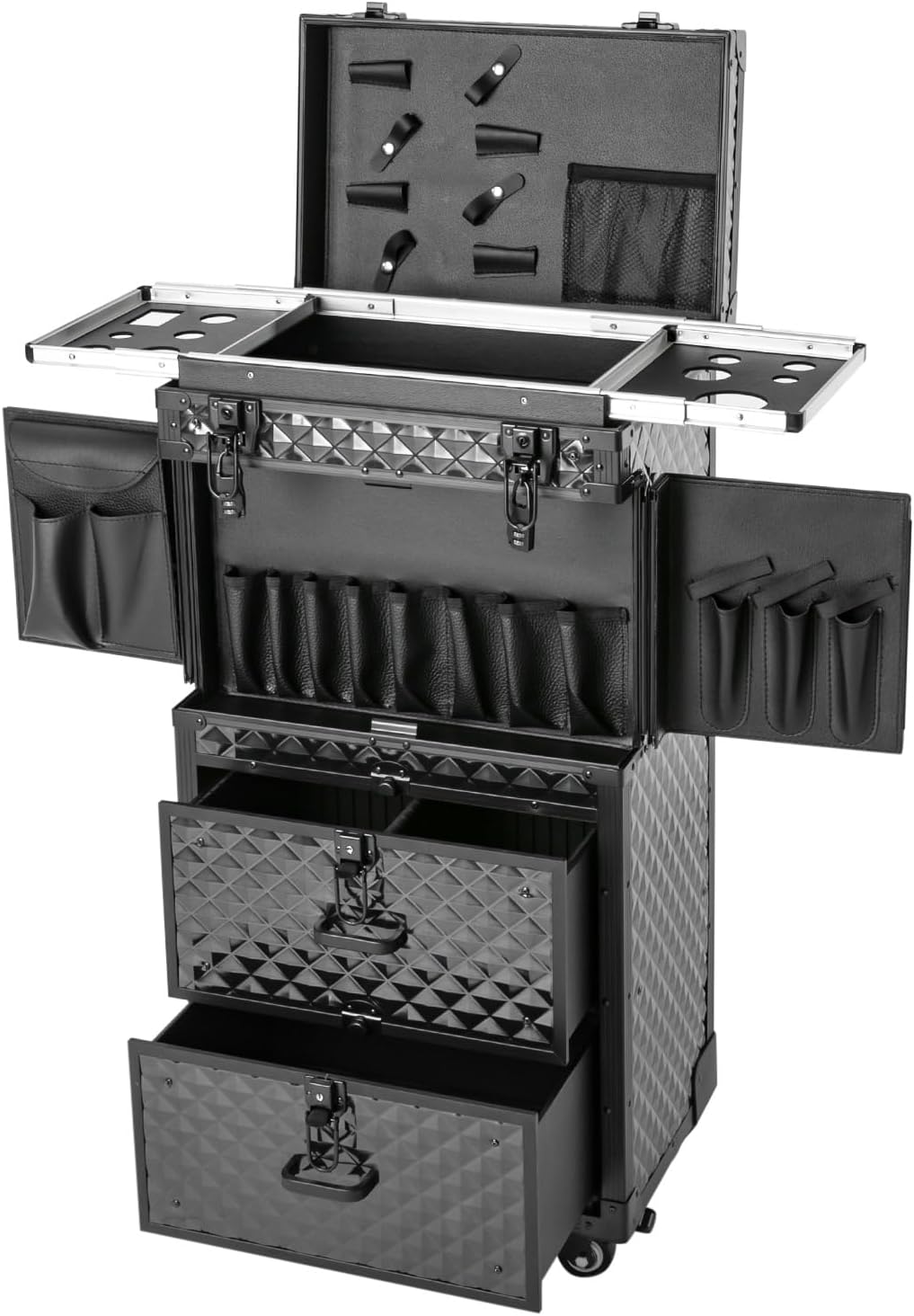 Rolling Makeup Train Case, Aluminum Cosmetic Organizer Box Rolling Lockable Makeup Case with 4 Universal Wheels Large Professional Cosmetology Case Multi-Functional Cosmetic Train Case Black