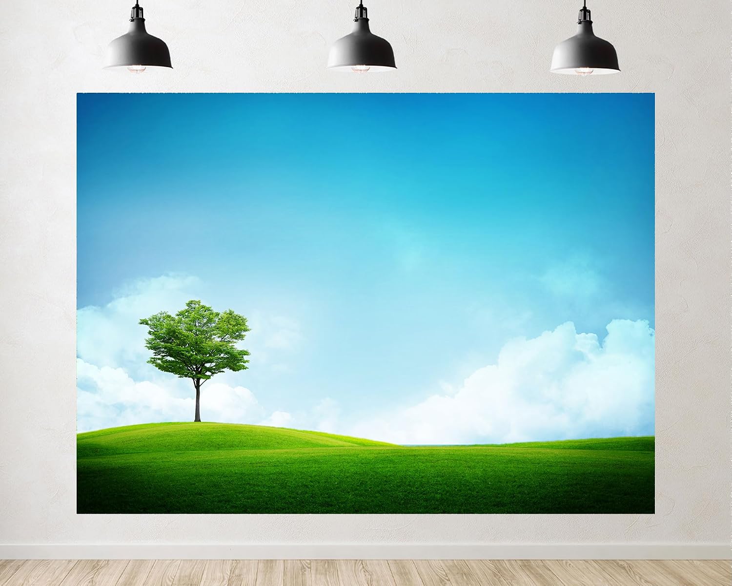 Trykid 20x10ft Lone Green Tree Backdrop Rolling Grassy Hill Clear Landscape Photography Background Minimalist Nature Tapestry Party Decoration Photo Studio Prop Fabric