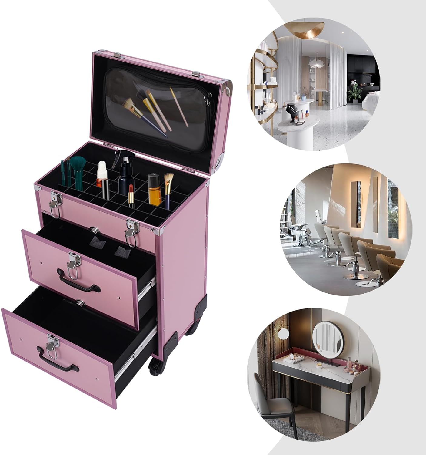 Professional Rolling Makeup Case Train Case Cosmetic Organizer Trolley Lockable Rolling Make-ups Case Storage Cart Makeup Train Case Cosmetology Case On Wheels (Pink|3 trays|Type B)