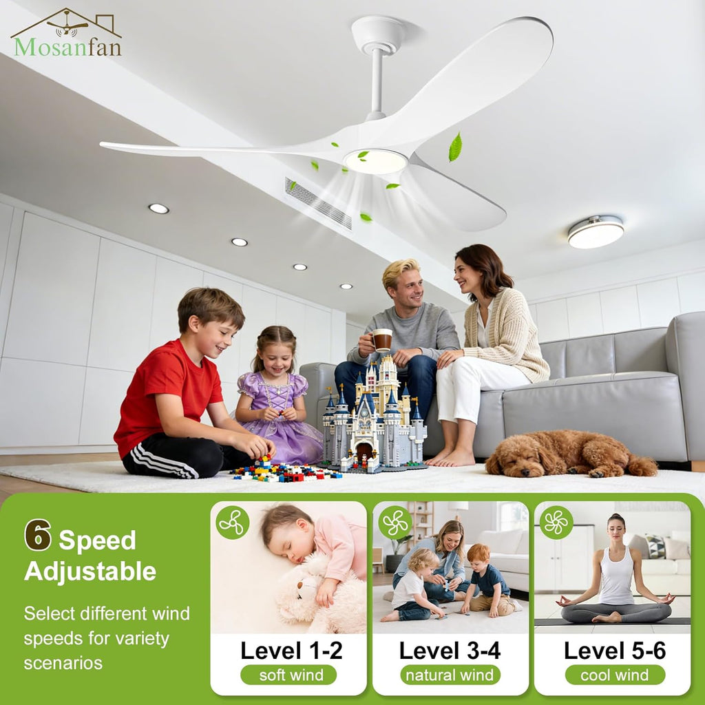 52 Inch Ceiling Fans with Lights and Remote, Wood Outdoor Ceiling Fan with 6 Speed Noiseless DC Motor, Indoor Modern 3 Blade Propeller Ceiling Fan for Bedroom Living Room Gazebo Patio (White)