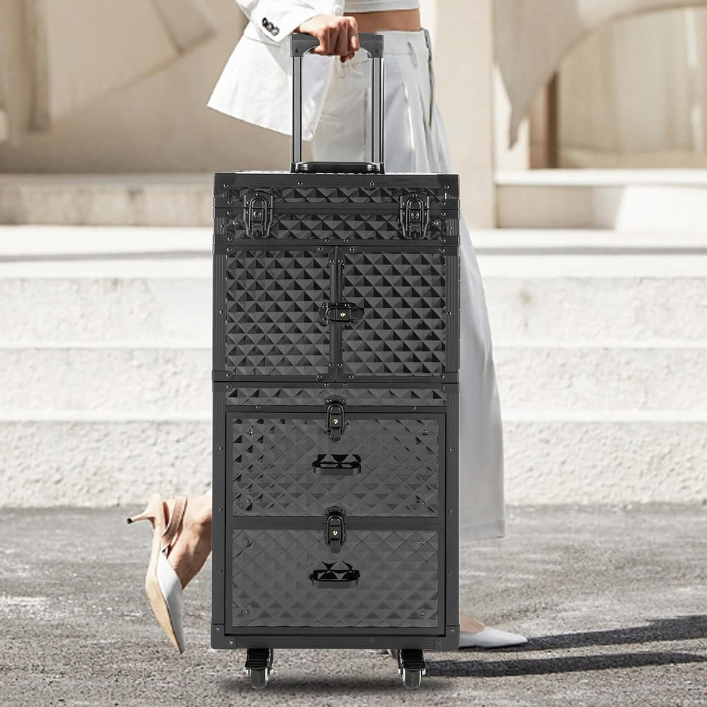 Rolling Makeup Train Case, Aluminum Cosmetic Organizer Box Rolling Lockable Makeup Case with 4 Universal Wheels Large Professional Cosmetology Case Multi-Functional Cosmetic Train Case Black