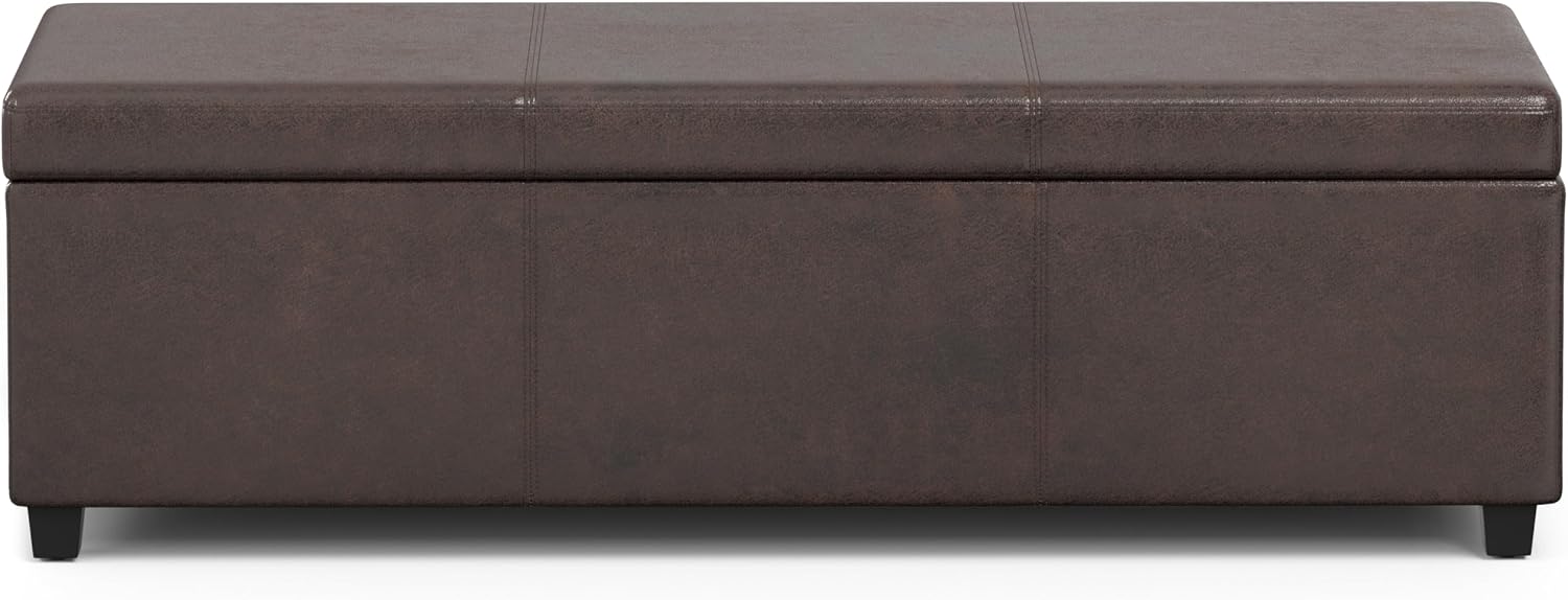 SIMPLIHOME Avalon Extra Large Storage Ottoman Bench - 54 inch Wide Upholstered Vegan Leather Rectangular Lift-Top Ottoman in Distressed Brown, Contemporary Bench for Living Room with Hidden Storage
