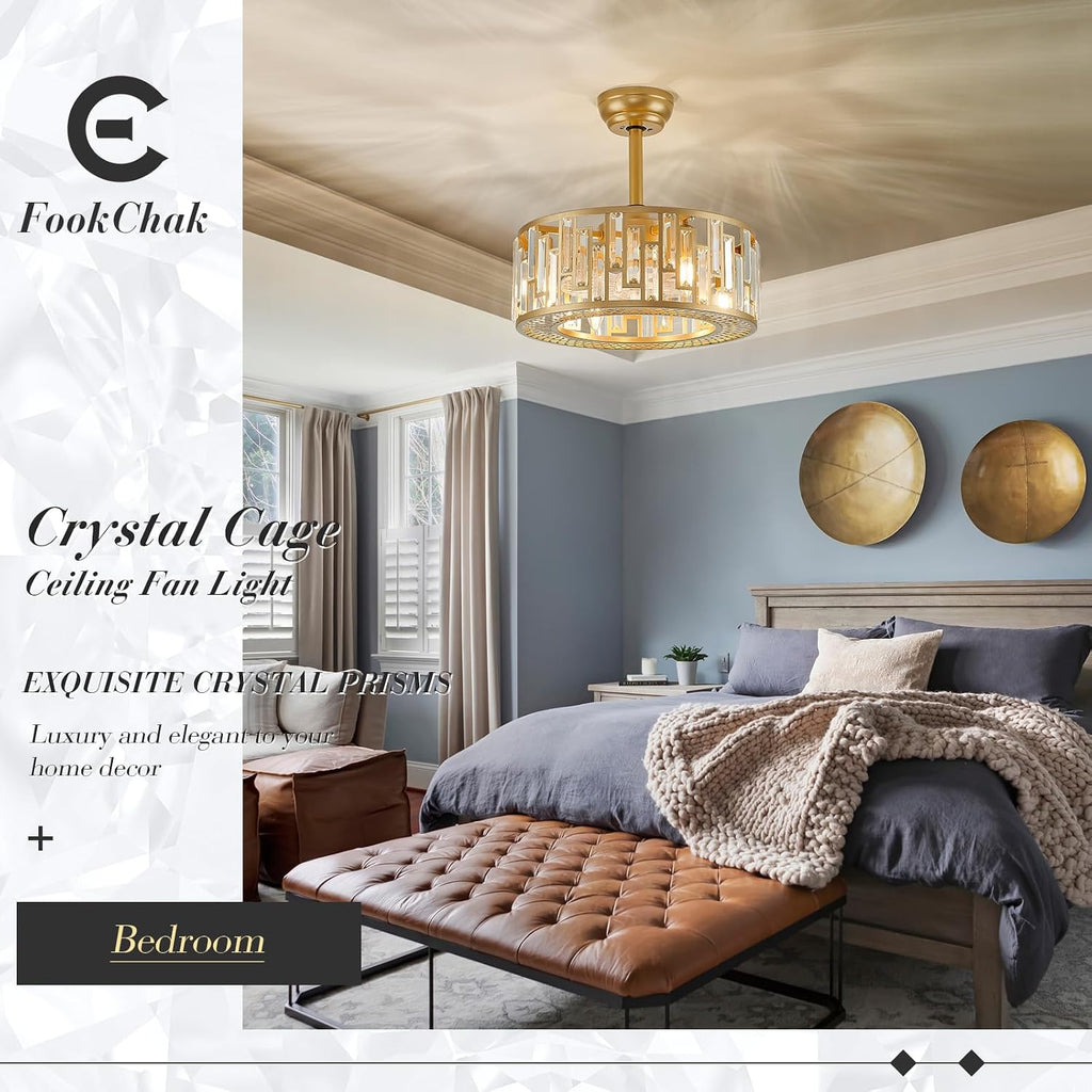 Gold Crystal Fandelier Kitchen Caged Ceiling Fan Light for Bedroom with Remote Control Modern Bladeless Brass Ceiling Fan Lighting Fixture for Dining Room Living Room