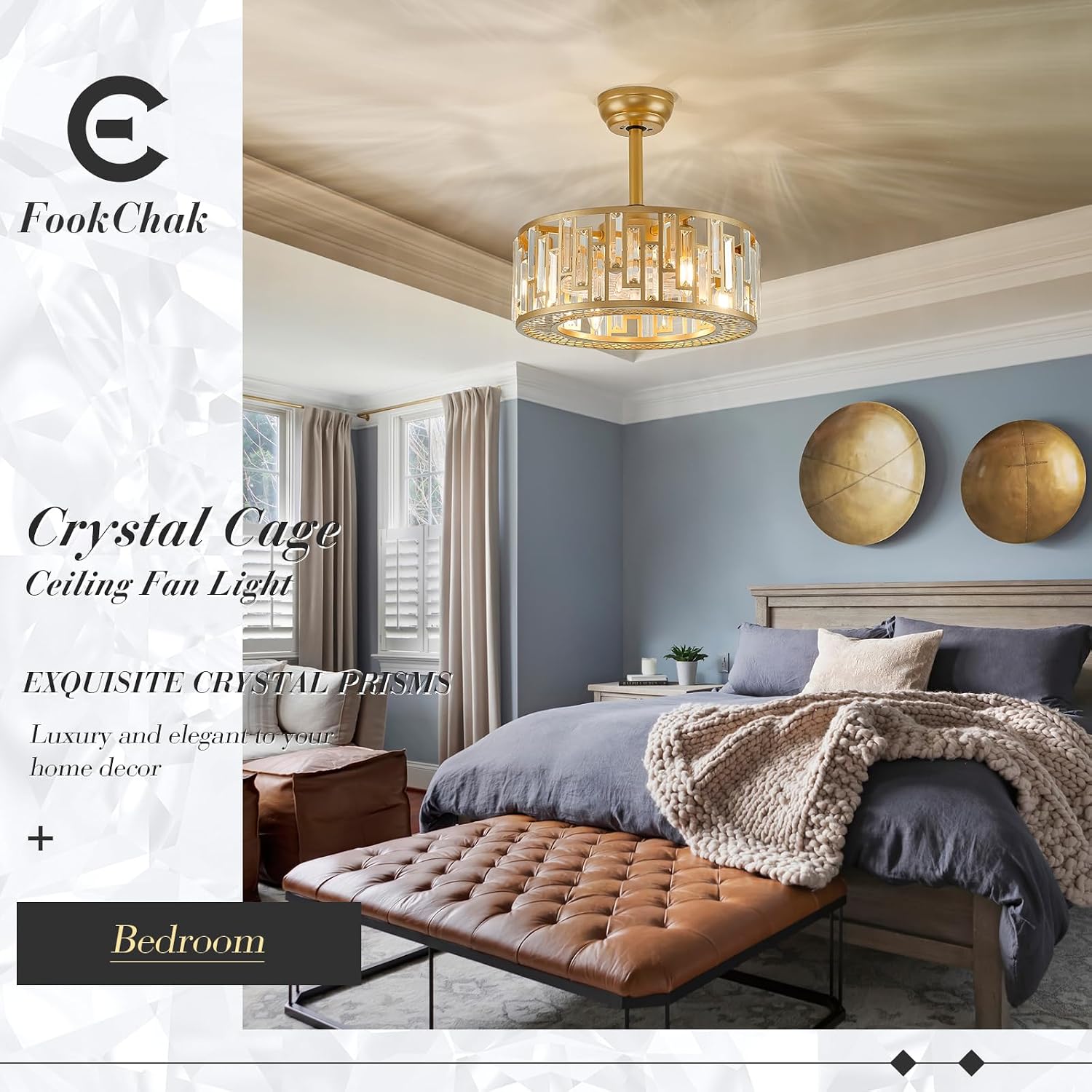 Gold Crystal Fandelier Kitchen Caged Ceiling Fan Light for Bedroom with Remote Control Modern Bladeless Brass Ceiling Fan Lighting Fixture for Dining Room Living Room