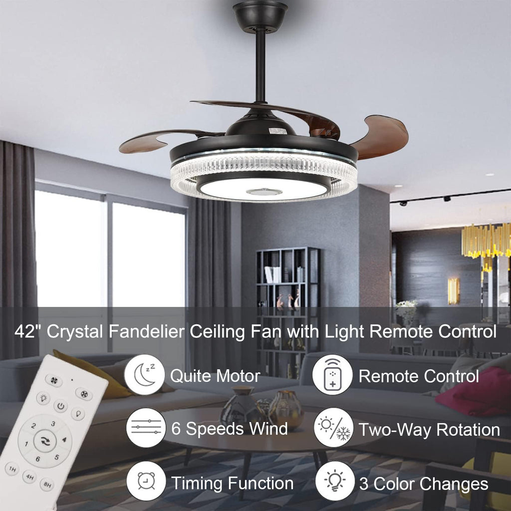 42' Retractable Fandelier Ceiling Fans with Lights Remote Control, Modern Crystal Chandelier Fan with Bluetooth Speaker 7 Dimmable 6 Speed Resverse Motor for Bedroom Living Dining Room, Black