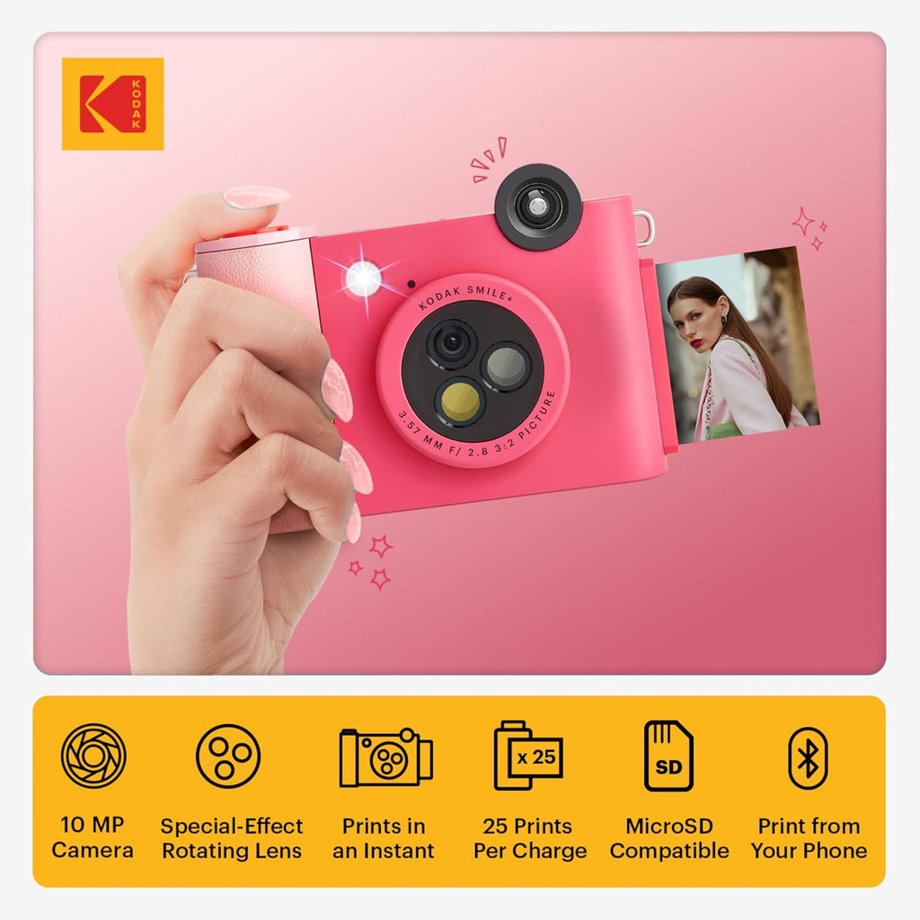 KODAK Smile+ 2-in-1 Digital Instant Print Camera & Printer Gift Bundle + Case + Zink 20pk 2x3 Sticky Back Photo Paper + Album + Sticker Sets + Sticker Frames + Hanging Frames + Markers - Fuchsia