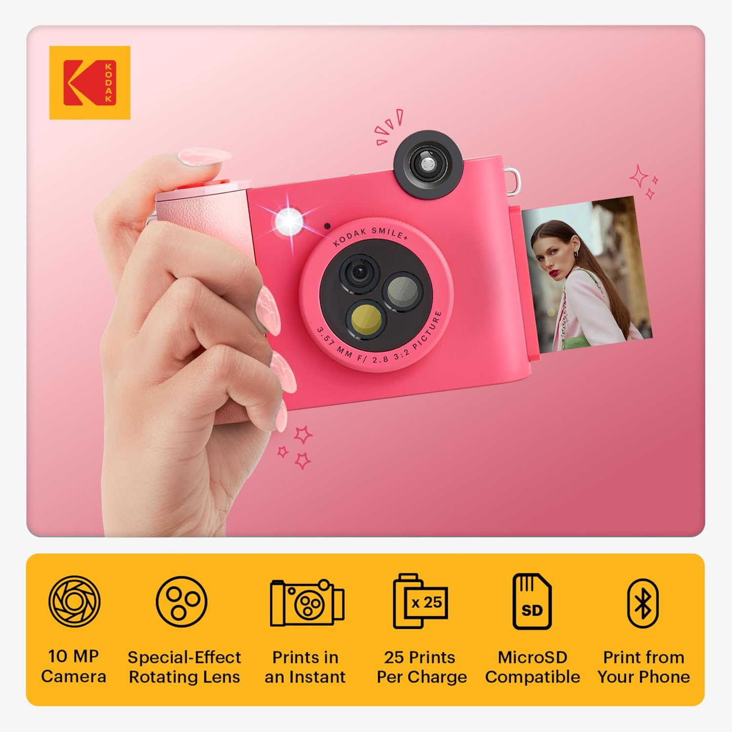KODAK Smile+ 2-in-1 Digital Instant Print Camera & Printer Gift Bundle + Case + Zink 20pk 2x3 Sticky Back Photo Paper + Album + Sticker Sets + Sticker Frames + Hanging Frames + Markers - Fuchsia