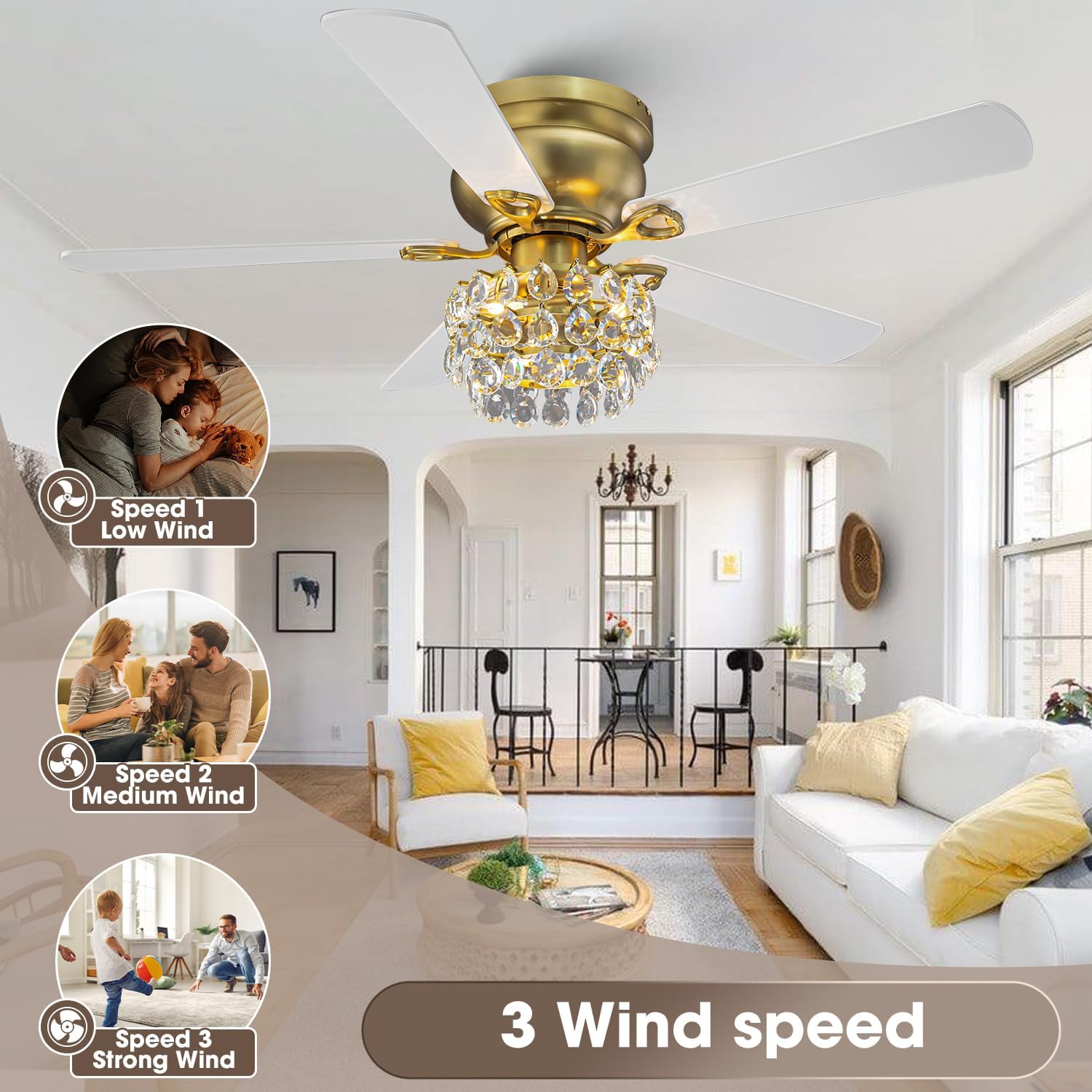 Parrot Uncle Crystal Ceiling Fan,48 Inch Gold Fandelier Chandelier Ceiling Fan with Remote,Low Profile Flush Mount,5 Reversible Blades, 3 Timers, Indoor Vintage Fandelier for Dining Room,Bedroom