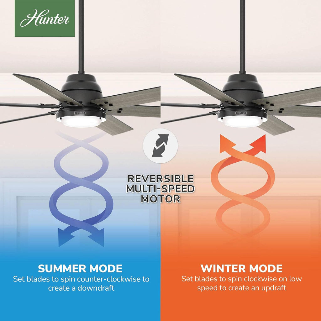 Hunter 60 inch Indoor Ceiling Fan with LED Light and Remote Control - Black Smart Ceiling Fan, Standard Mount, 6 Blades, For Bedroom or Living Room, Quiet - Gravity 51951, Matte Black