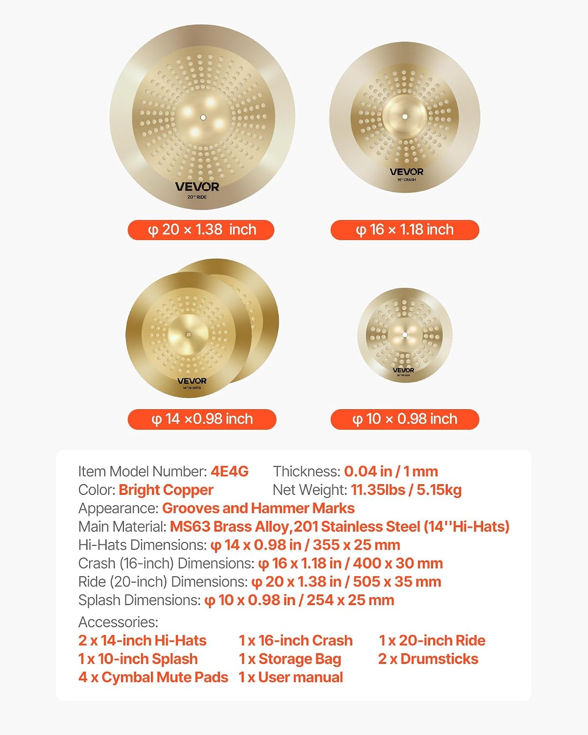VEVOR Cymbal Pack, 4 Pieces Cymbals for Drum Set, Alloy Cymbals Drum Set Includes 14-inch Hi-Hats, 16-inch Crash, 20-inch Ride, 10-inch Splash, Drumsticks & Cymbal Bag, Alloy Cymbal Pack for Drummer