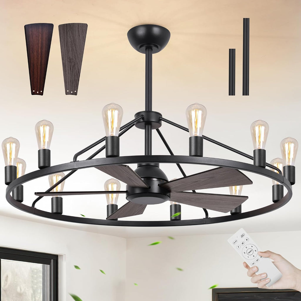 She's home 43' Black Wagon Wheel Chandelier Fan with Light, 12-Lights Large Round Candle Farmhouse Fandelier Ceiling Fan with Light Fixture for Living Room, Dining Room, Height Adjustable