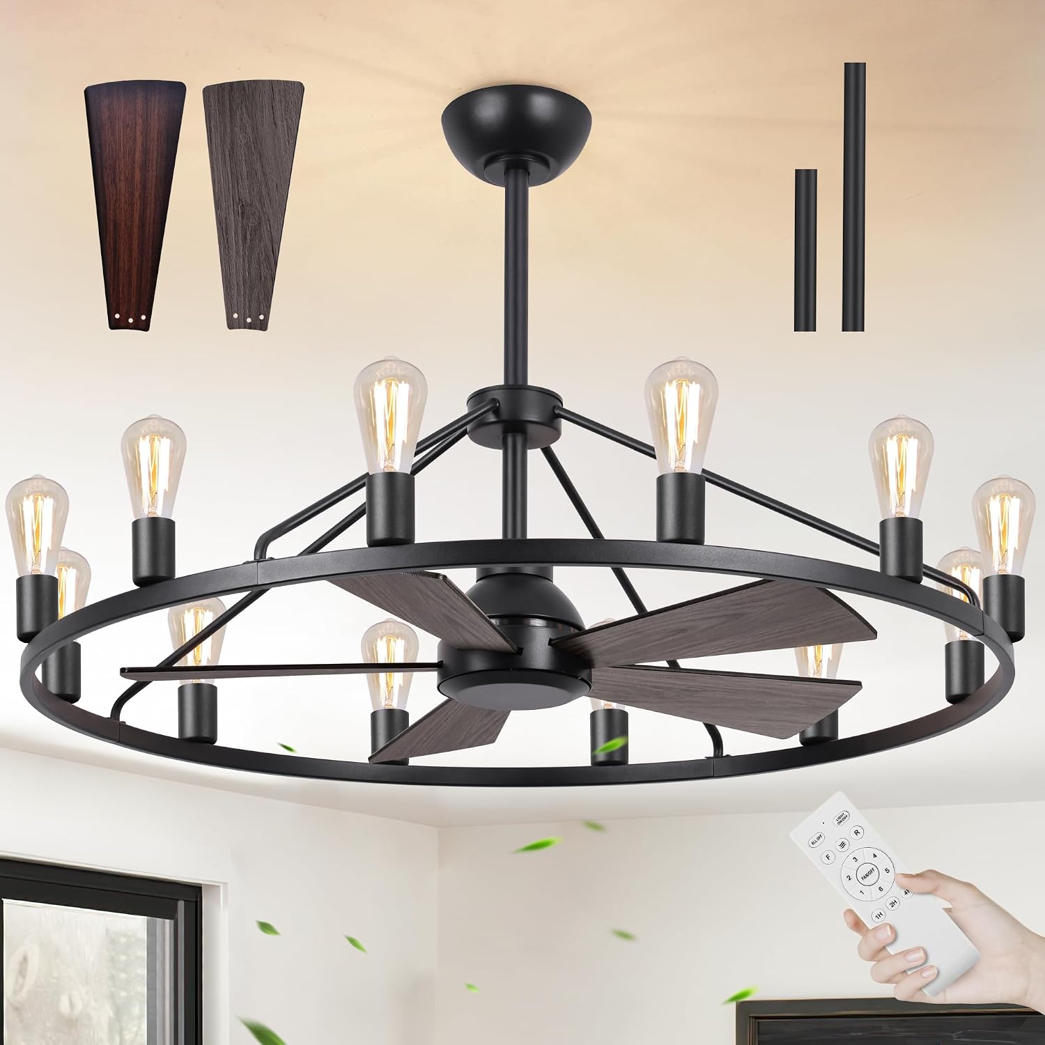She's home 43' Black Wagon Wheel Chandelier Fan with Light, 12-Lights Large Round Candle Farmhouse Fandelier Ceiling Fan with Light Fixture for Living Room, Dining Room, Height Adjustable