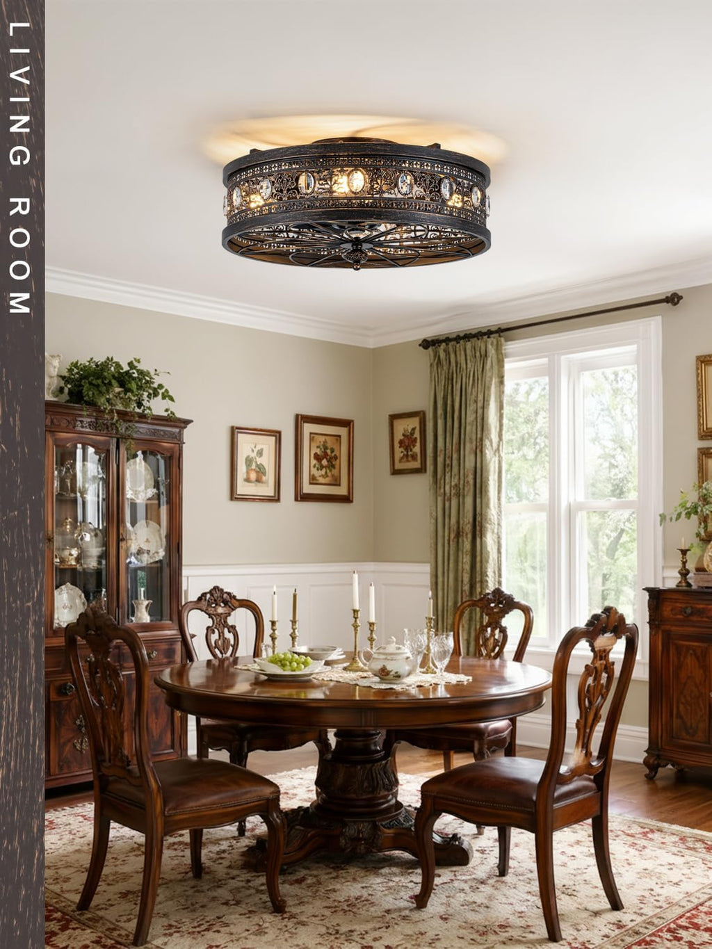 Dawn Whisper Vintage Victorian Caged Flush Mount Ceiling Fans with Lights | Vintage look/French Styling Caged Design with Crystal Accents Ideal Small-Space Flush Mount for Bedroom