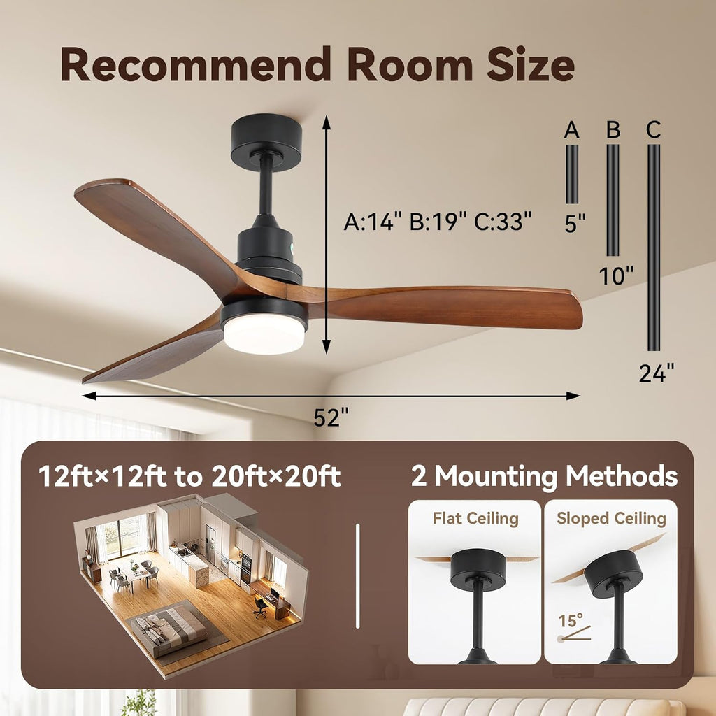 Sofucor 52 Inch Ceiling Fans with Lights and Remote, Low Profile Wood Ceiling Fan with Light Dimmable/Timer 6-Speed Reversible DC Motor for Bedroom Living Room Indoor Outdoor