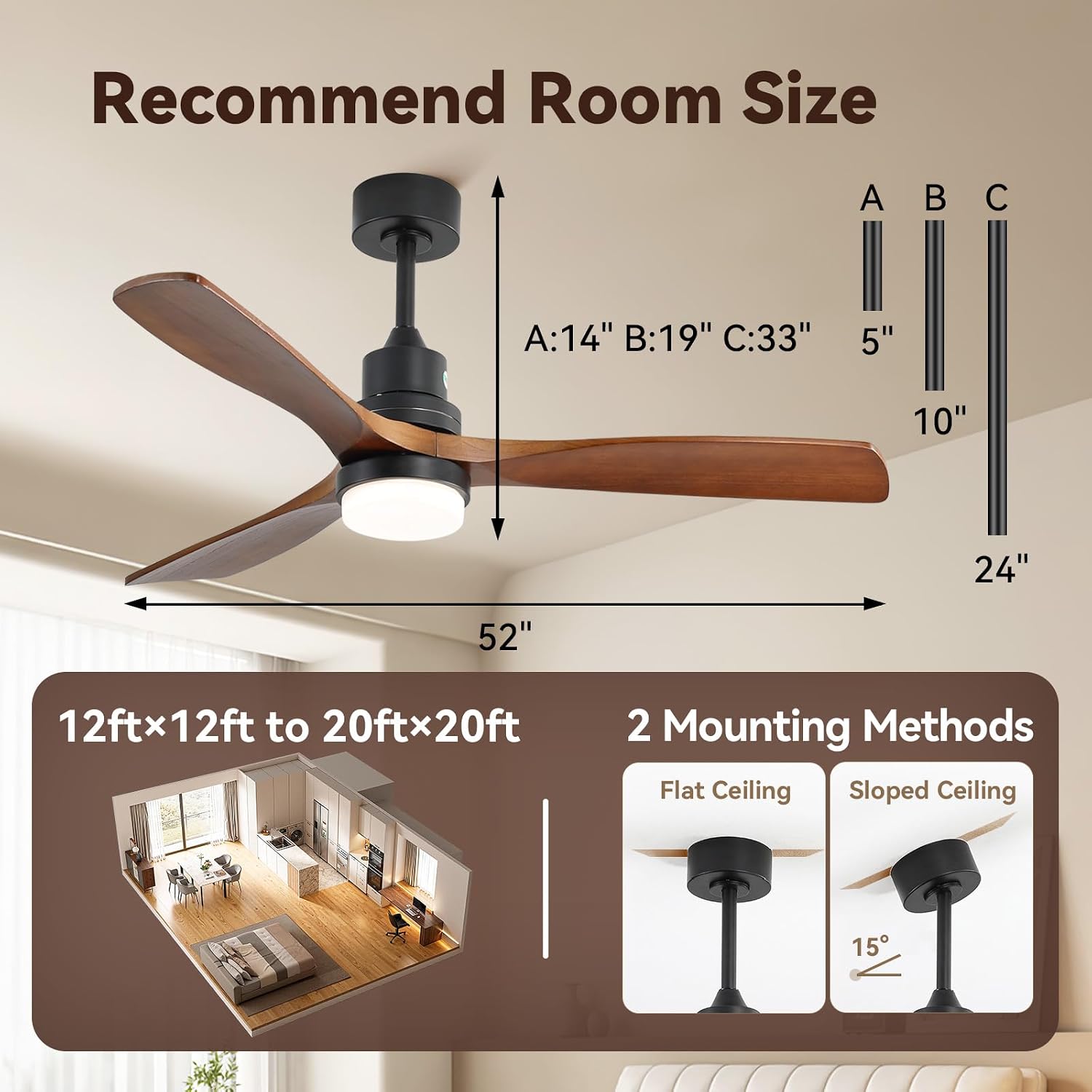 Sofucor 52 Inch Ceiling Fans with Lights and Remote, Low Profile Wood Ceiling Fan with Light Dimmable/Timer 6-Speed Reversible DC Motor for Bedroom Living Room Indoor Outdoor