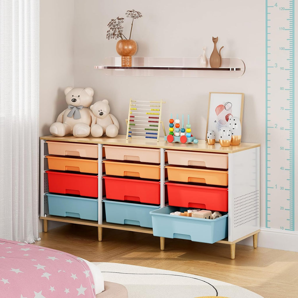 12 Drawers Storage Cabinet with Wooden Top and Plastic Bins, Toy Storage Organizer Toy Shelf Storage Chest Cubby Organizer for Home, Office, Playroom, Classroom & Craft Room Storage (Multicolored)