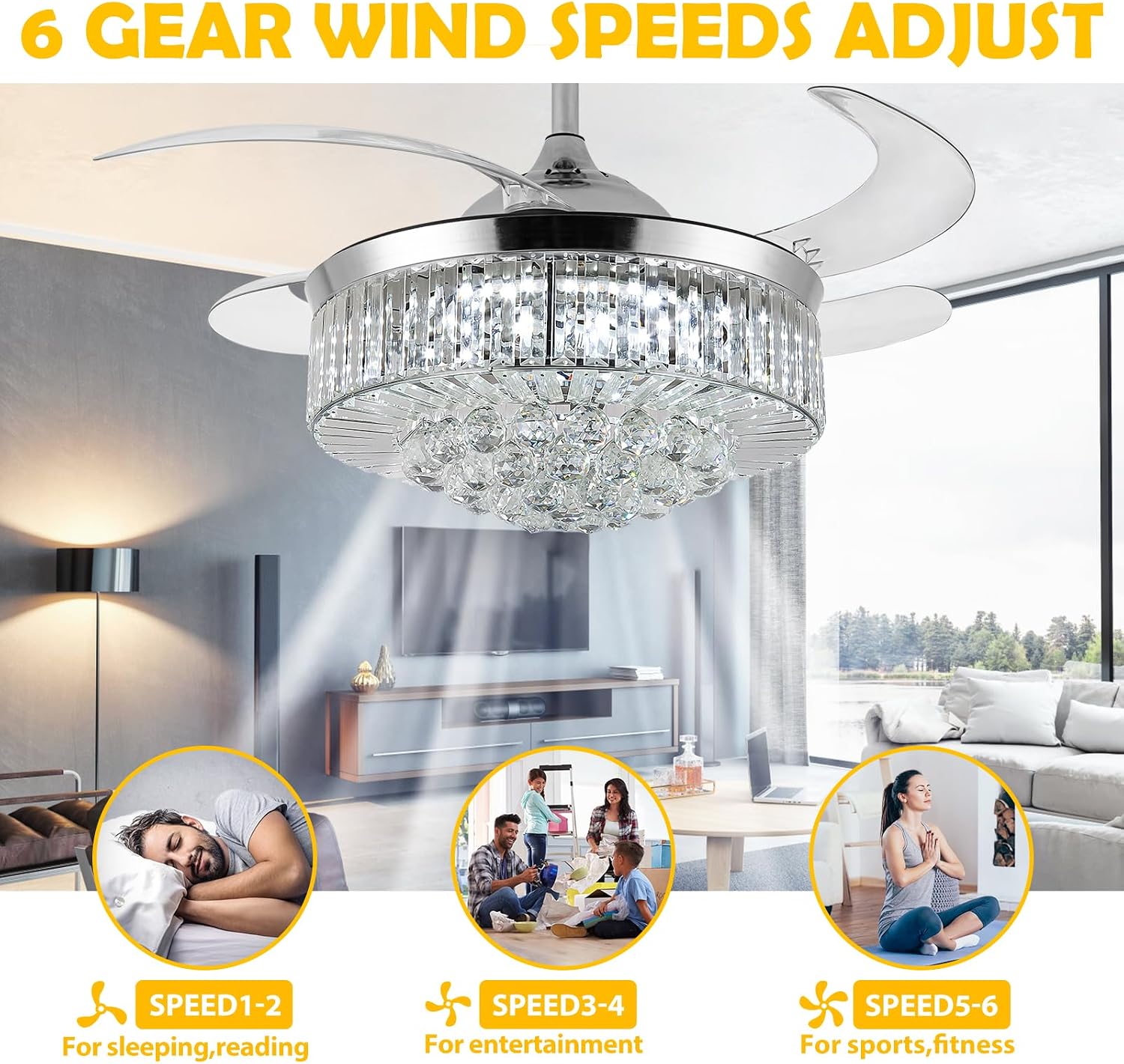 36' Invisible Ceiling Fan Chandelier Light,Modern Crystal Ceiling Fan Light Remote Control 4 Retractable ABS Blades for Bedroom Living Room Dining Room Decoration (Silver)