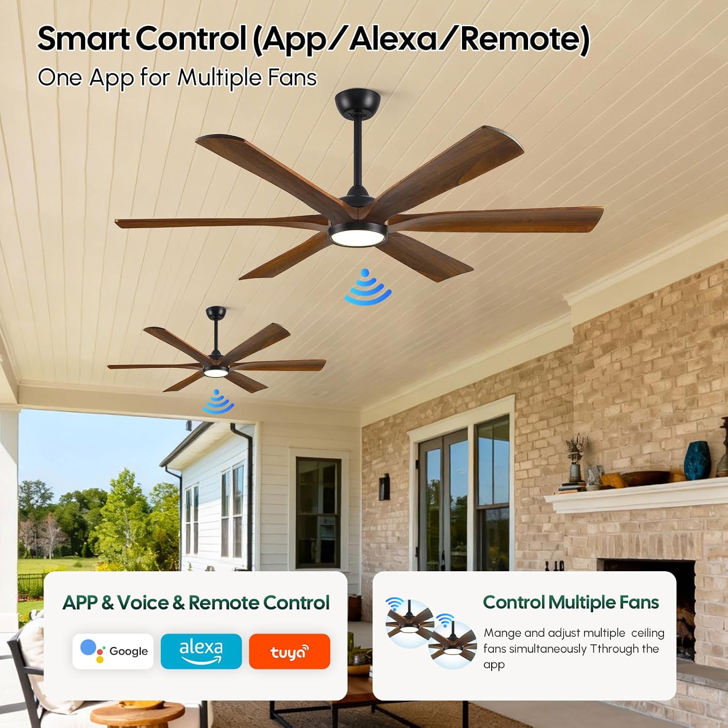 60 Inch Outdoor Ceiling Fan with Light, Damp Rated for Patio, Smart Alexa/App/Remote Control, 6 Walnut Solid Wood Blades, High 8268 CFM Quiet DC Motor, Modern Farmhouse Style for Indoor Exterior Porch
