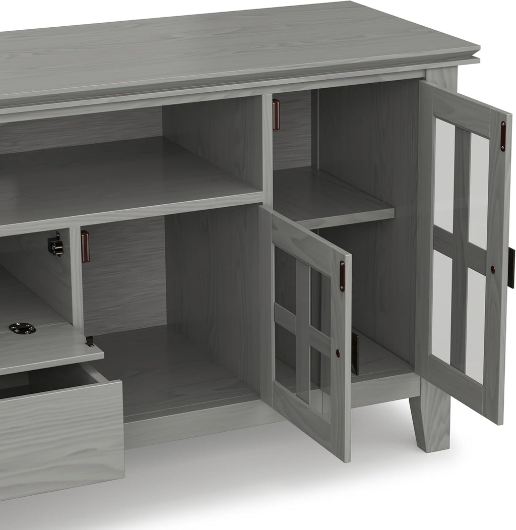 SIMPLIHOME Artisan TV Stand - 72 inch Wide Solid Wood Media Console in Fog Grey, Contemporary Entertainment Center for Living Room for TVs up to 80 Inches with Glass Cabinets and Cable Management