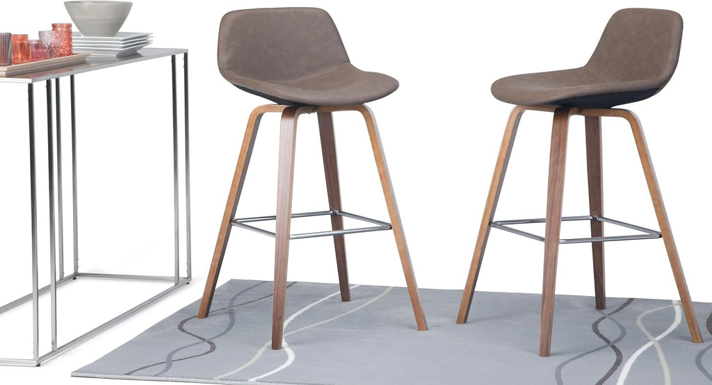 SIMPLIHOME Randolph Counter Stools (Set of 2) - 28 Inch Seat Height Upholstered Bentwood Kitchen Seats in Distressed Chocolate Brown Vegan Faux Leather, Mid Century Modern Seating with Chrome Footrest