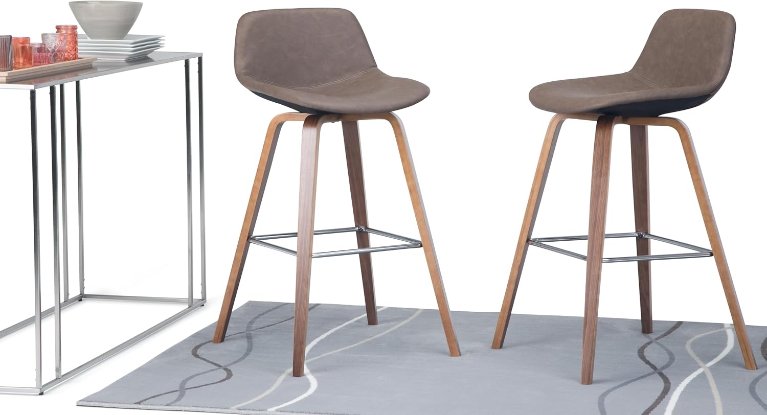 SIMPLIHOME Randolph Counter Stools (Set of 2) - 28 Inch Seat Height Upholstered Bentwood Kitchen Seats in Distressed Chocolate Brown Vegan Faux Leather, Mid Century Modern Seating with Chrome Footrest