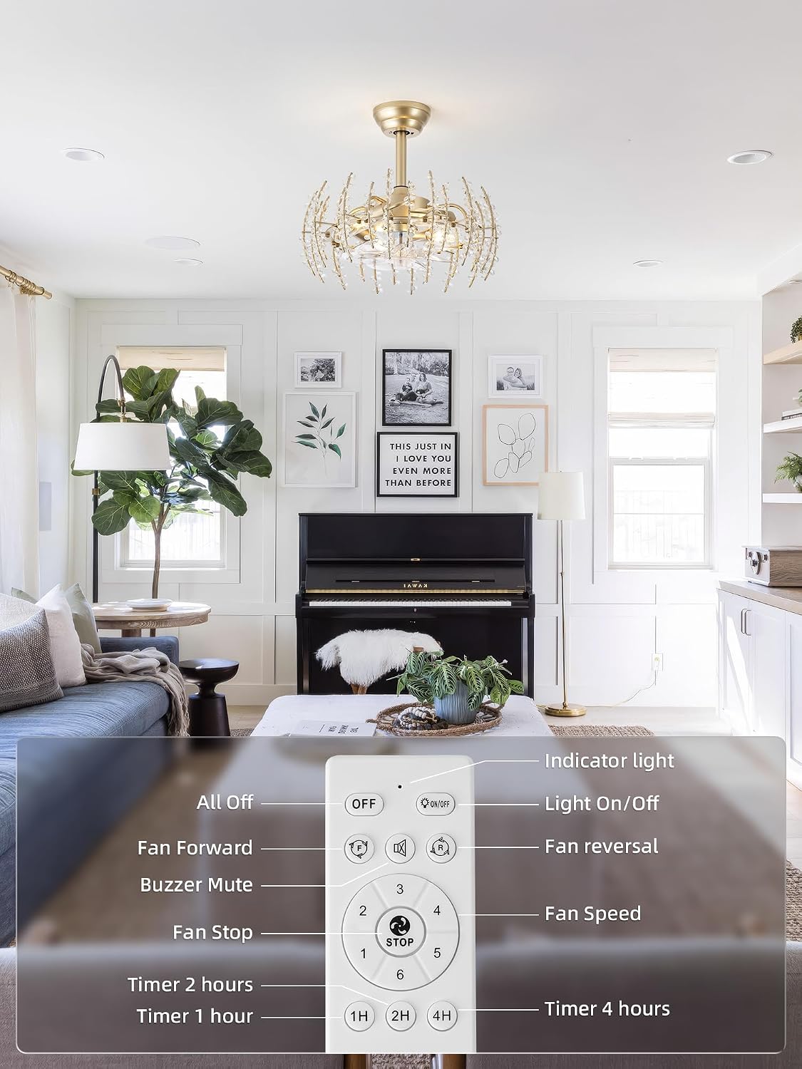 20' Gold Crystal Flower Fandelier Ceiling Fan with Light, Gold Crystal Chandelier Ceiling Fans Remote Control with 6 Speeds for Bedroom, Living Room, Nursery