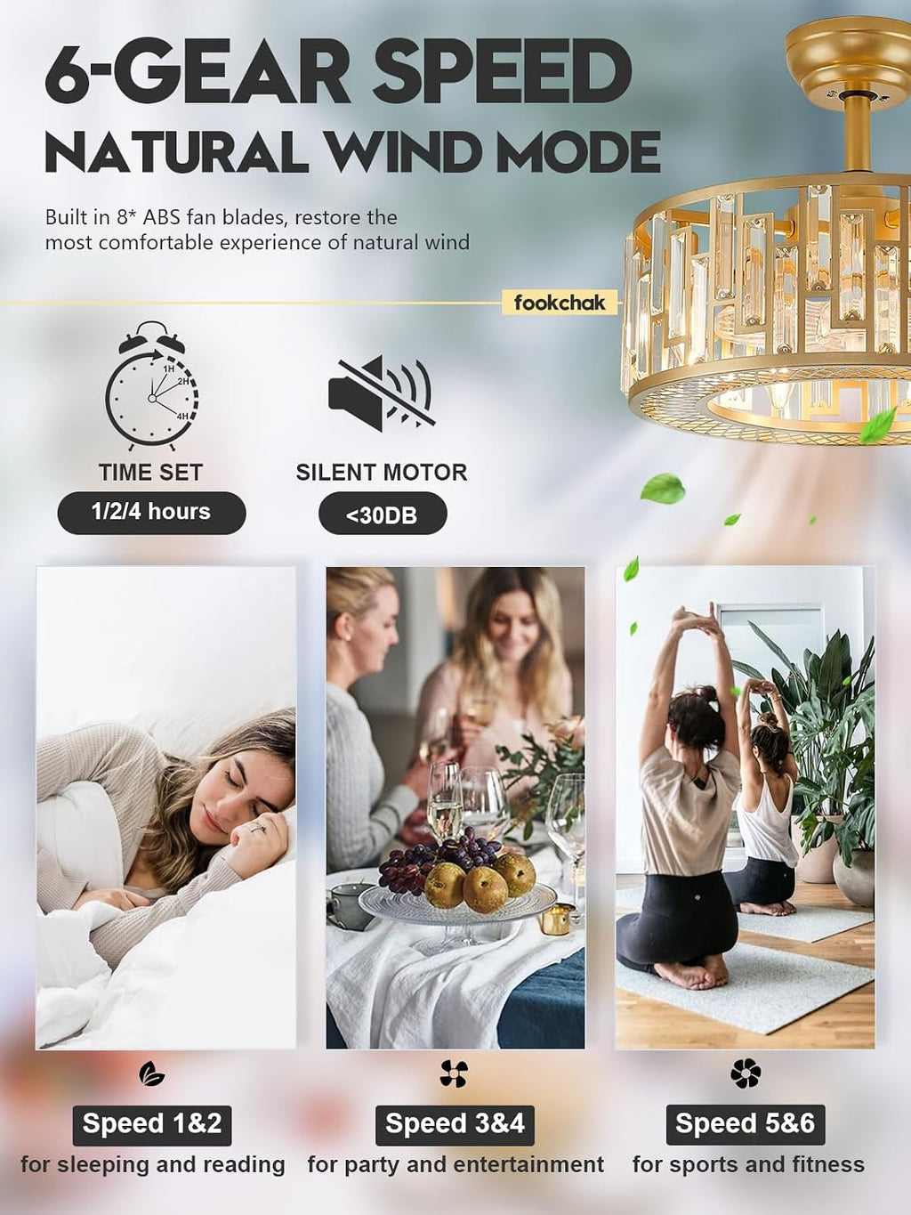Gold Crystal Fandelier Kitchen Caged Ceiling Fan Light for Bedroom with Remote Control Modern Bladeless Brass Ceiling Fan Lighting Fixture for Dining Room Living Room