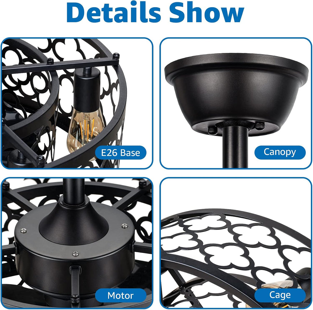 SUNVIE Caged Ceiling Fan with Lights Remote Control 21in Industrial Bladeless Enclosed Ceiling Fan Light with Reversible Motor for Bedroom Kitchen Living Room 5 E26 Base(No Bulb)